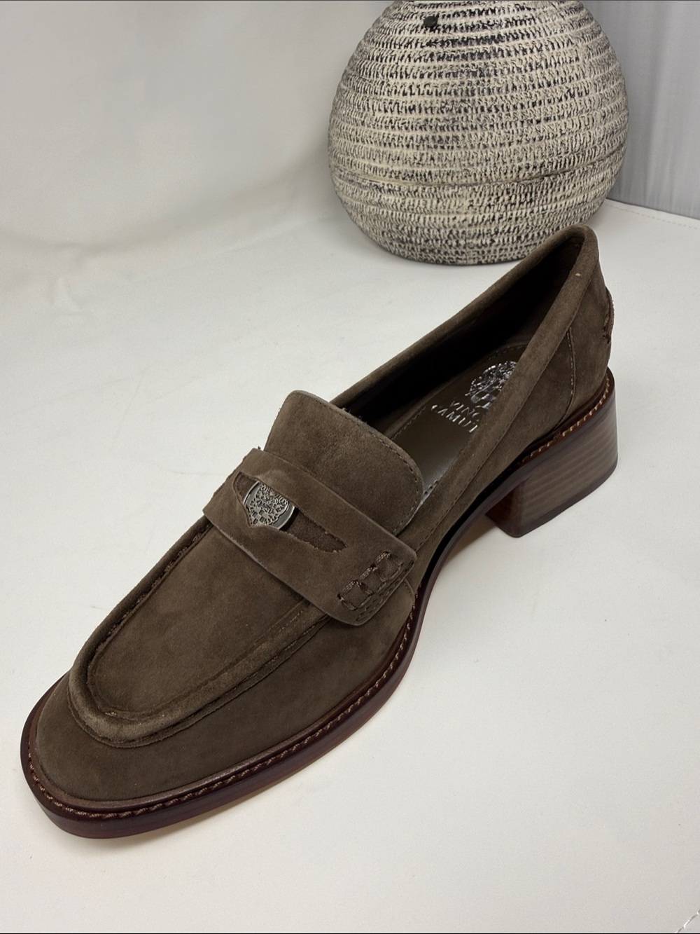 Vince Camuto Olive Brown Suede Penny Loafers